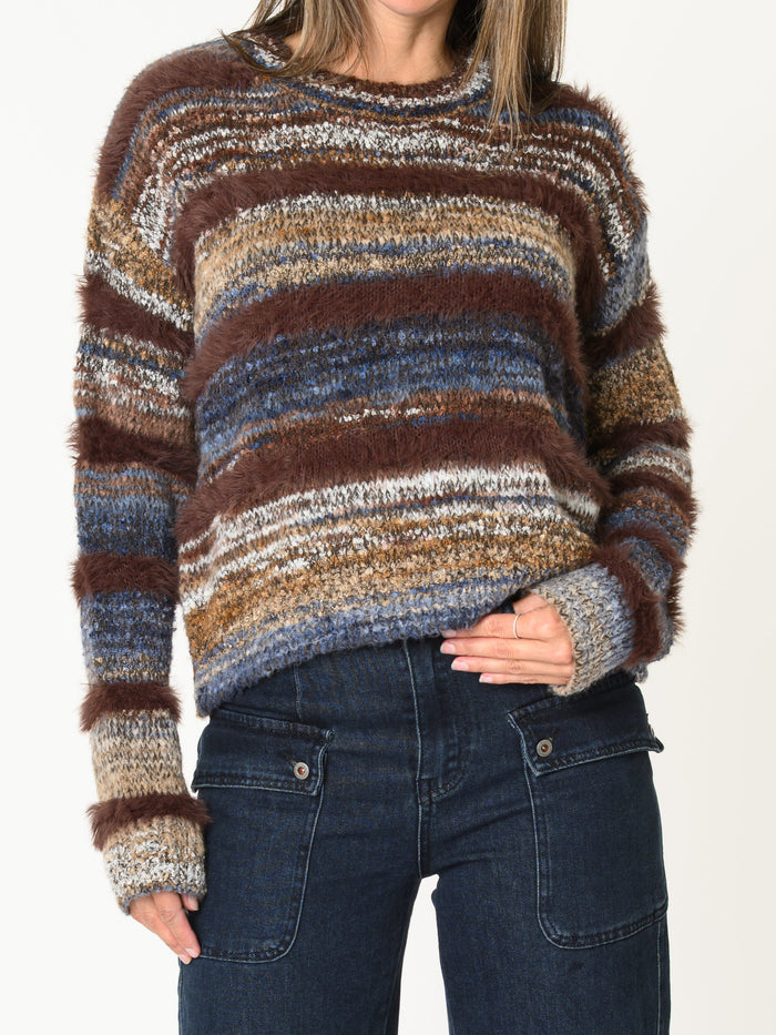 Chandail pour femme rayé brun et bleu en tricot à franges