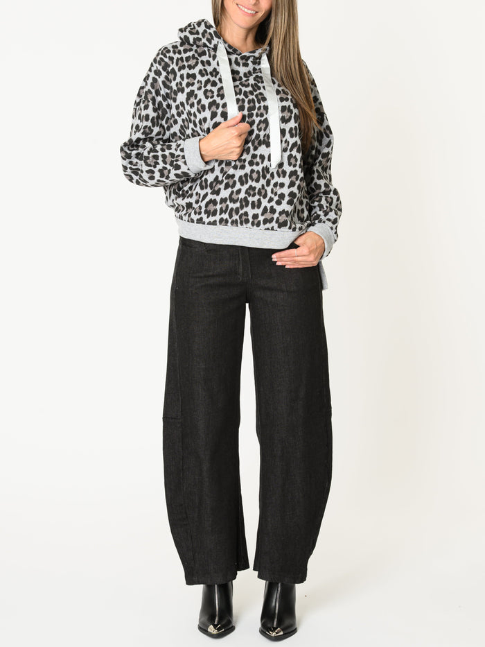 Chandail léopard pour femme gris à capuchon et cordon