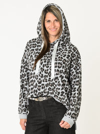 Chandail léopard pour femme gris à capuchon et cordon