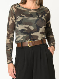 Chandail camouflage pour femme vert à manche longue ajusté