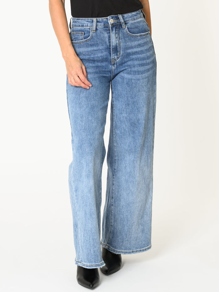 Jeans bleu pour femme taille haute à jambe large délavé