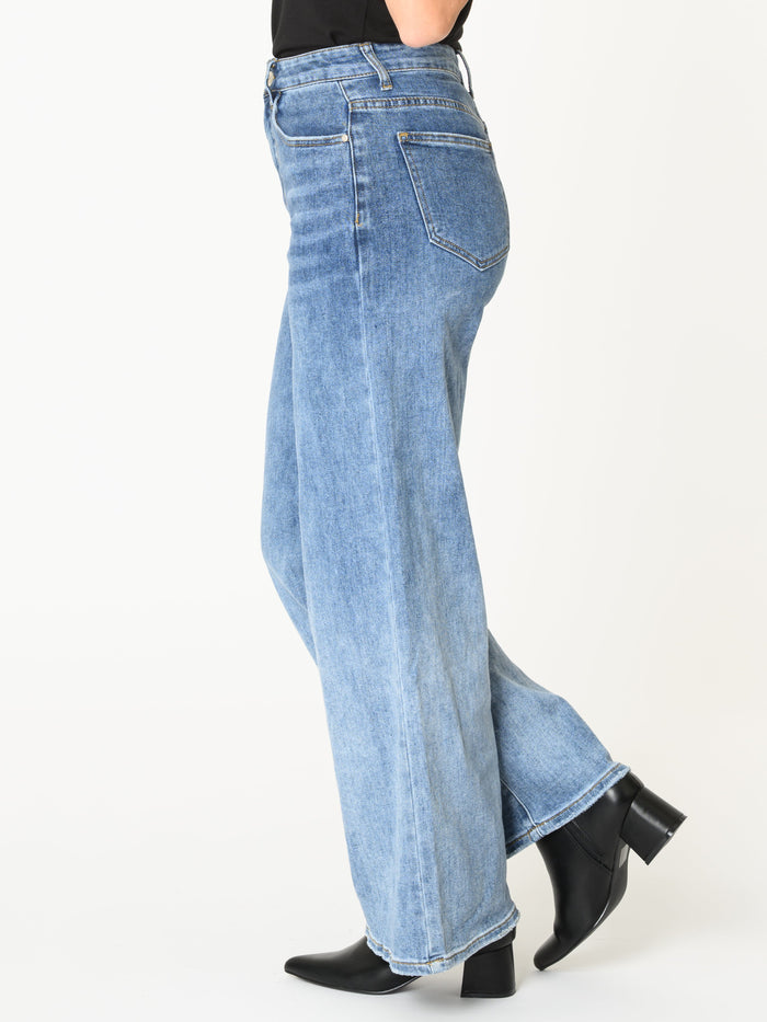 Jeans bleu pour femme taille haute à jambe large délavé