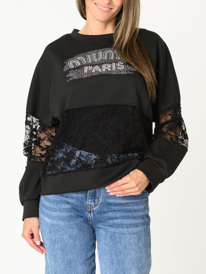 Chandail noir pour femme avec dentelle et lettrage brillant