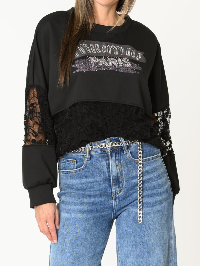 Chandail noir pour femme avec dentelle et lettrage brillant