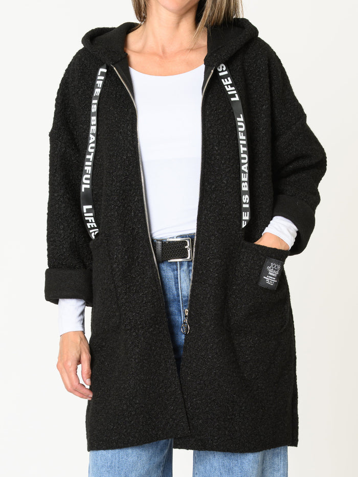 Manteau long pour femme noir à capuchon en tricot bouclé