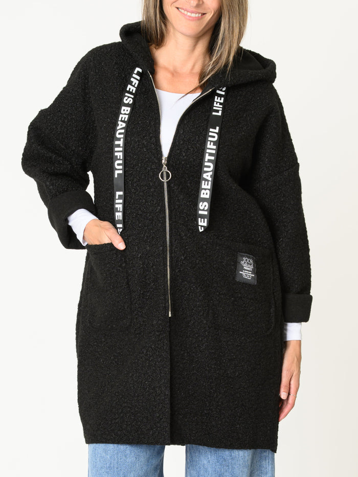 Manteau long pour femme noir à capuchon en tricot bouclé