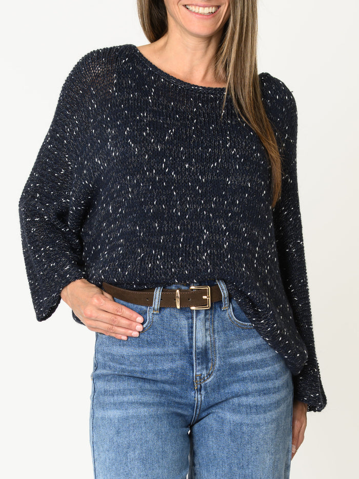 Chandail marine pour femme moucheté à col roulé en tricot