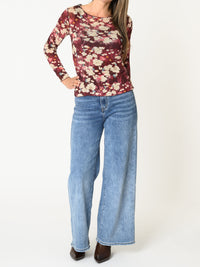 Chandail bourgogne pour femme à manche longue imprimé floral