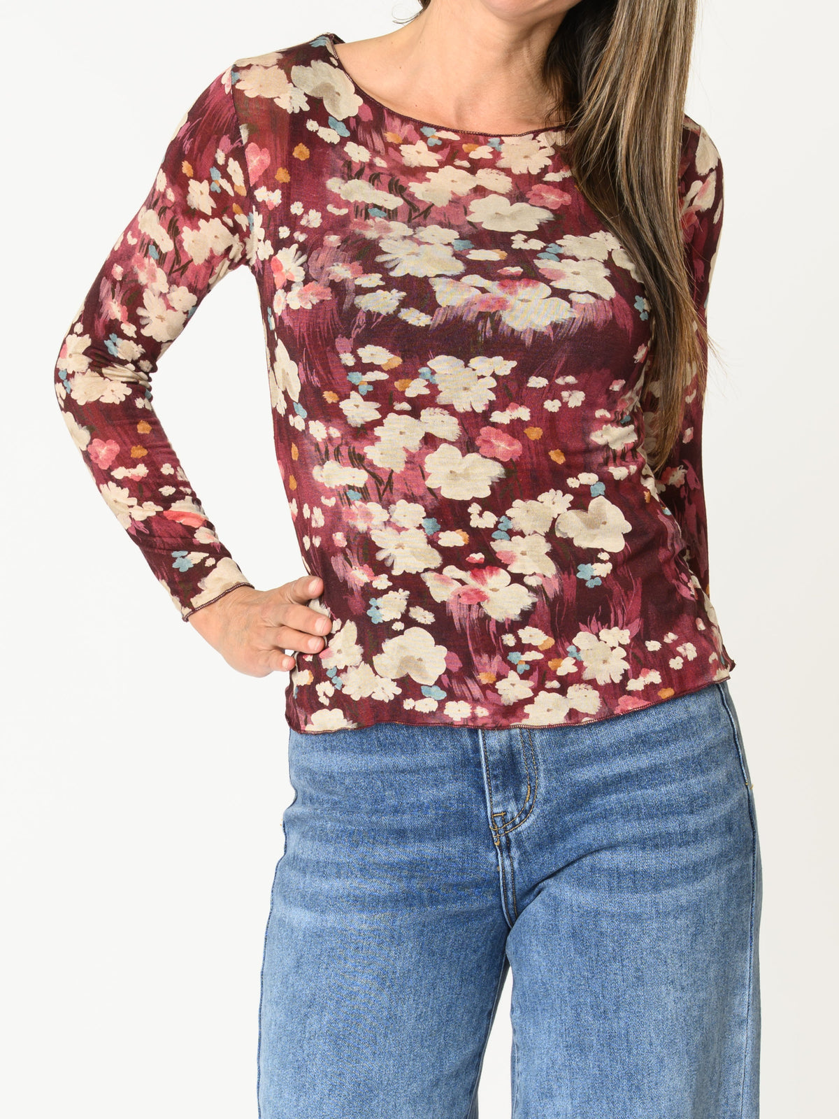 Chandail bourgogne pour femme à manche longue imprimé floral