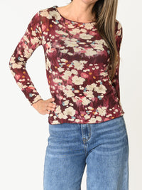 Chandail bourgogne pour femme à manche longue imprimé floral