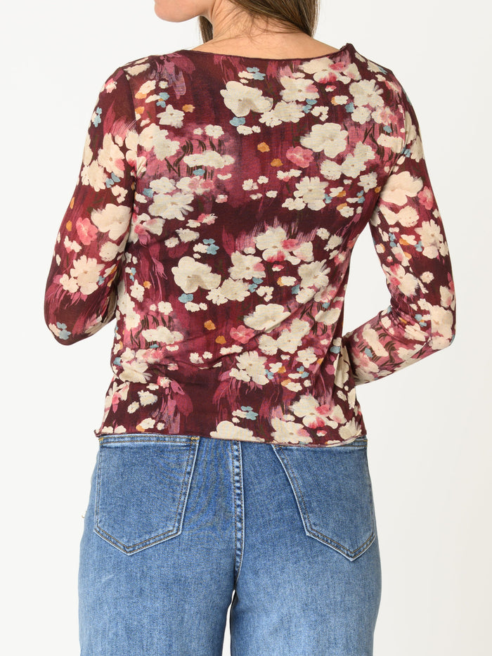 Chandail bourgogne pour femme à manche longue imprimé floral