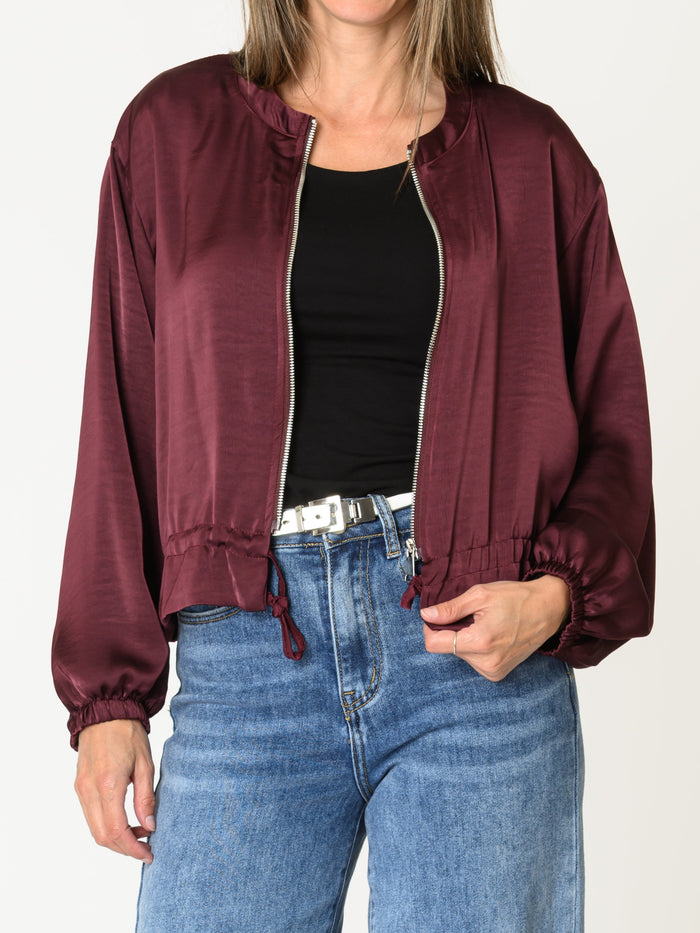 Veste bomber pour femme bourgogne en satin avec cordon