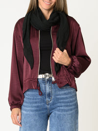 Veste bomber pour femme bourgogne en satin avec cordon