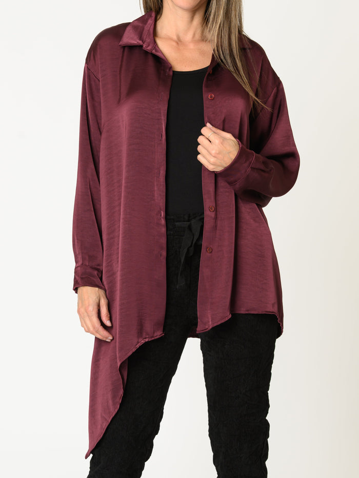 Chemise bourgogne pour femme en satin avec manche longue