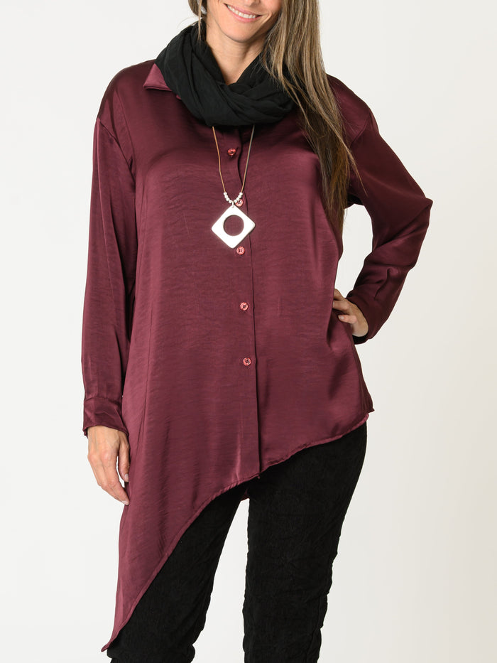 Chemise bourgogne pour femme en satin avec manche longue