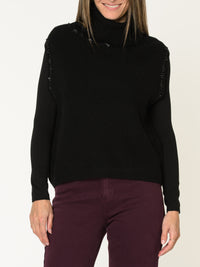 Chandail noir pour femme sans manche à col roulé avec perles