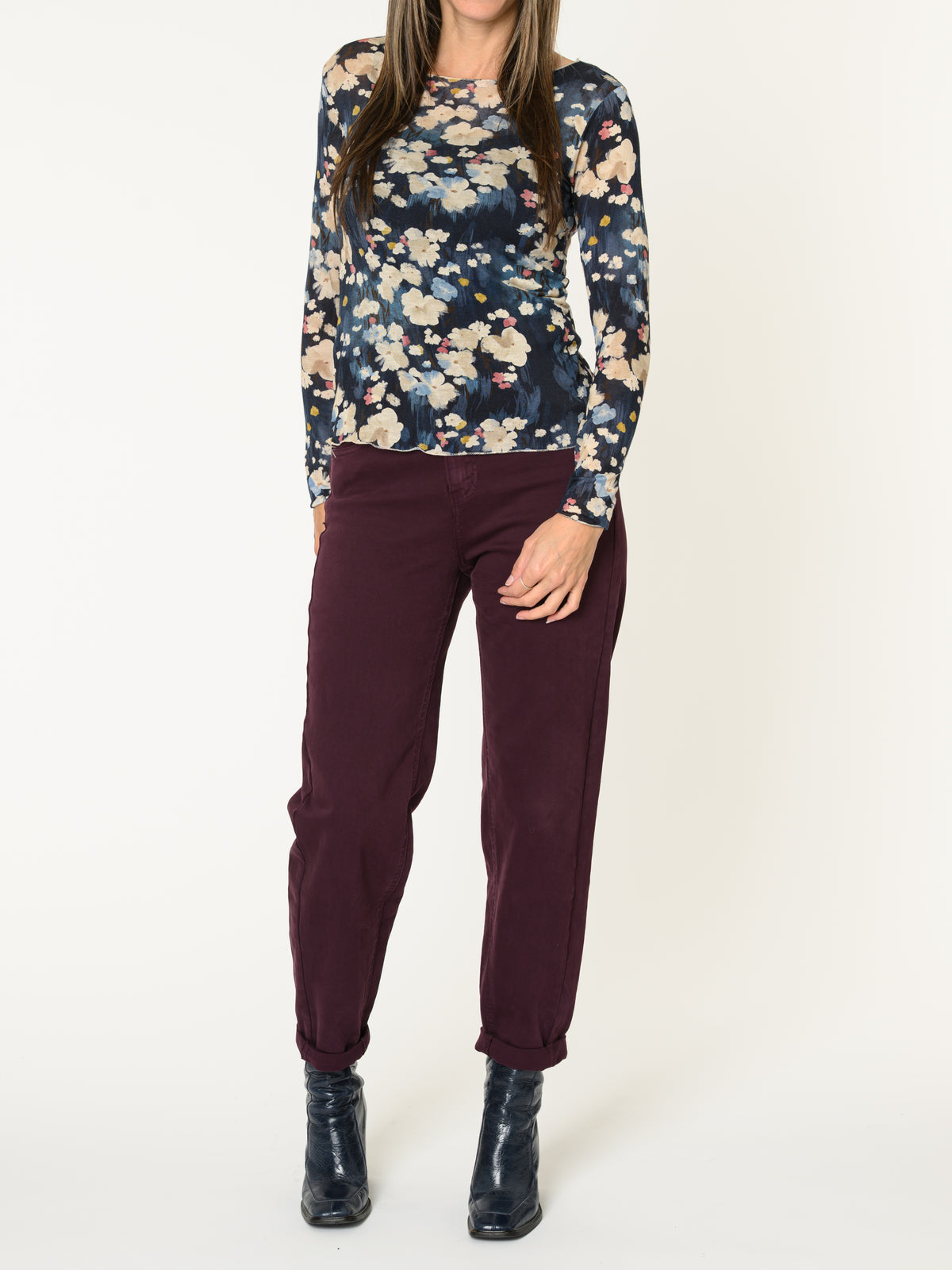 Chandail marine pour femme fleuri à manche longue col bateau