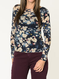 Chandail marine pour femme fleuri à manche longue col bateau