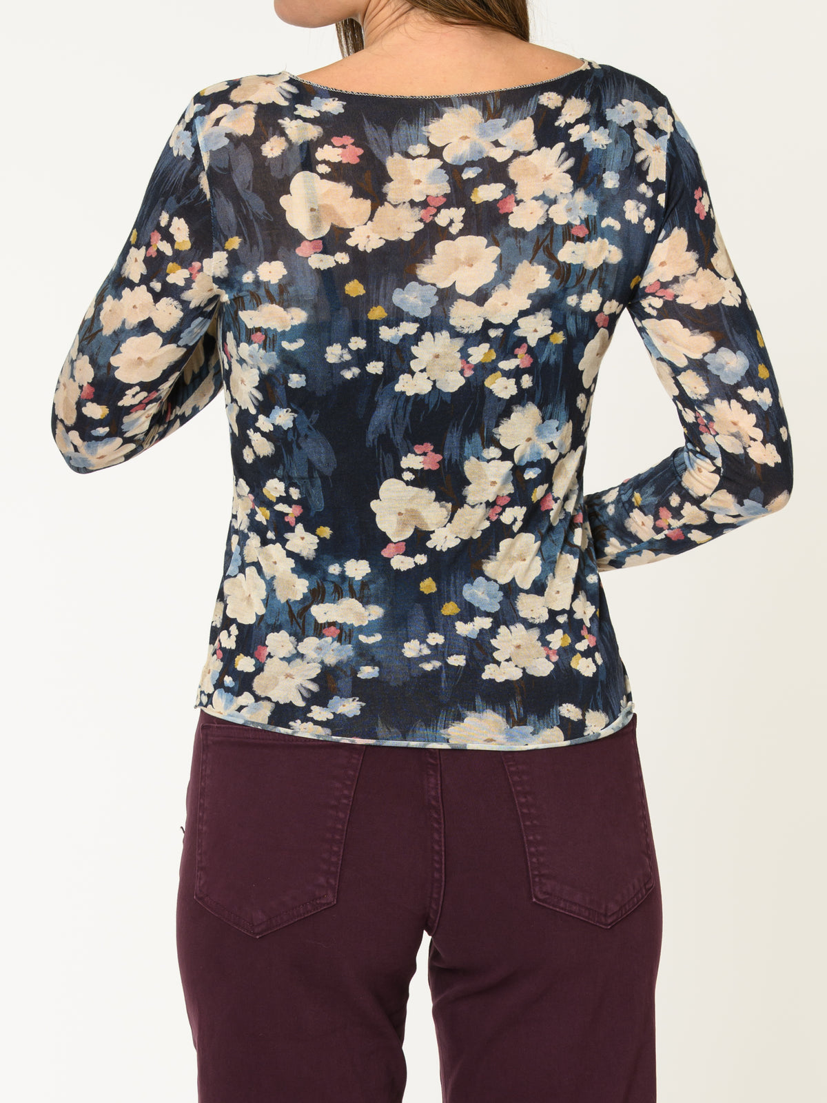 Chandail marine pour femme fleuri à manche longue col bateau