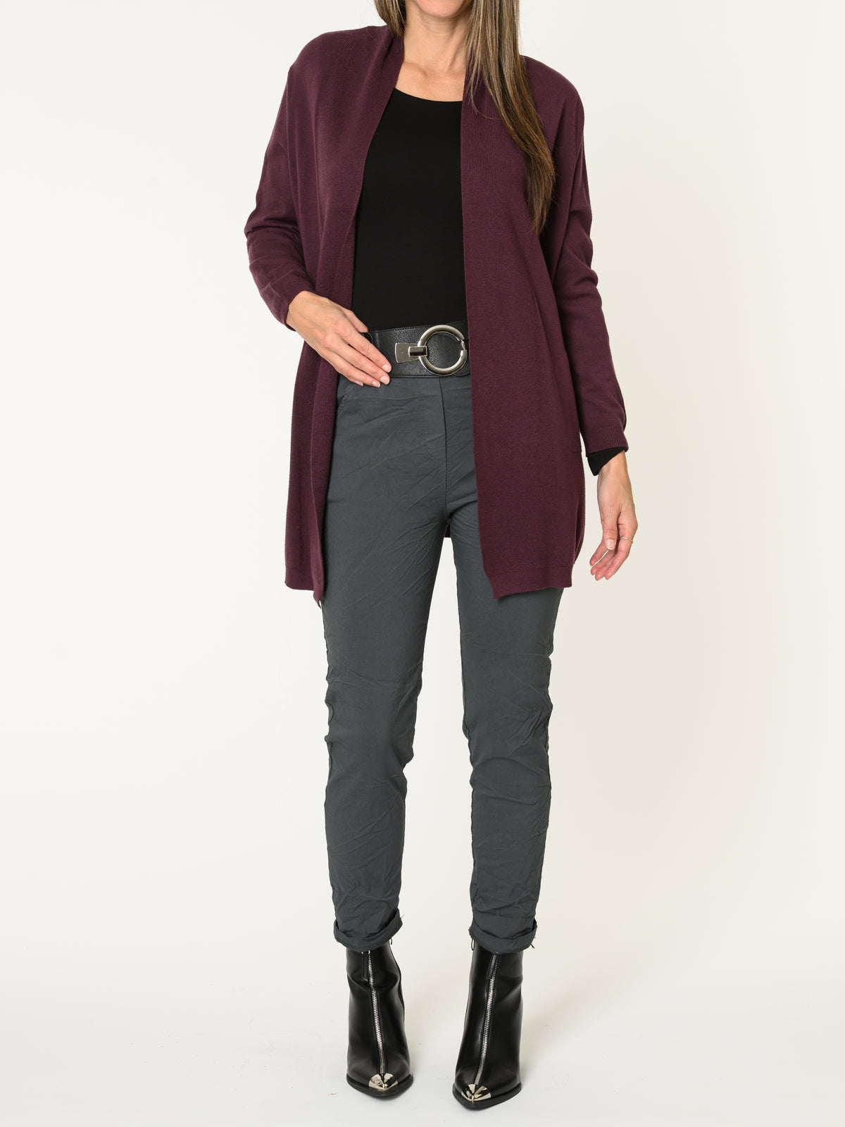 Veste longue pour femme bourgogne ouverte en tricot