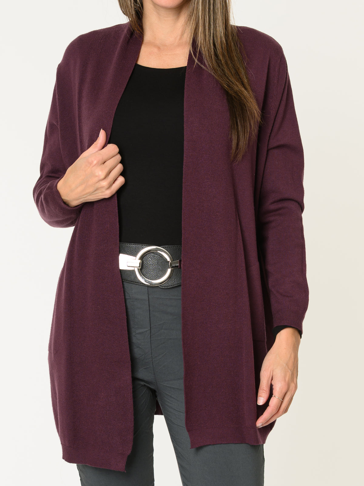 Veste longue pour femme bourgogne ouverte en tricot