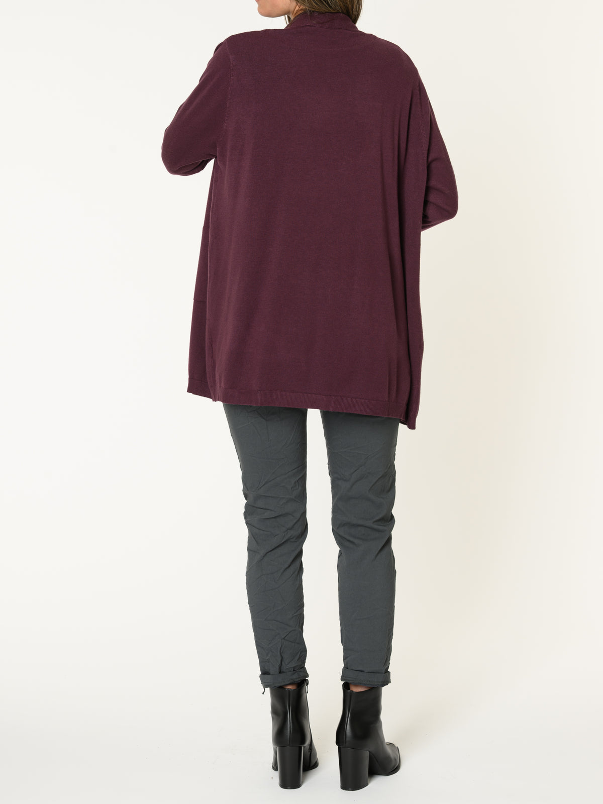 Veste longue pour femme bourgogne ouverte en tricot