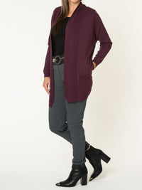 Veste longue pour femme bourgogne ouverte en tricot