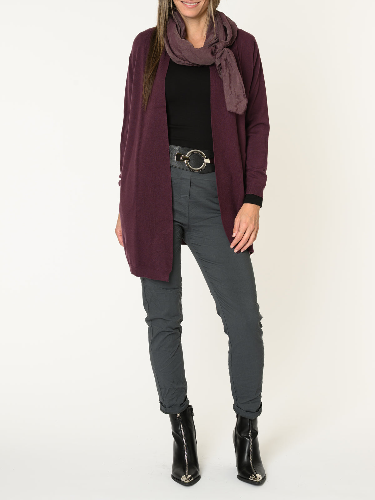 Veste longue pour femme bourgogne ouverte en tricot