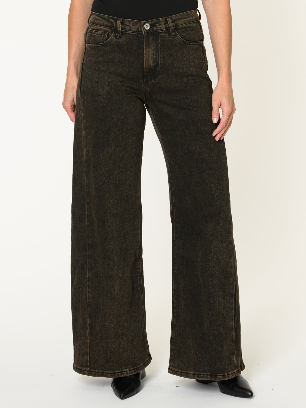 Jeans brun pour femme délavé palazzo à taille haute