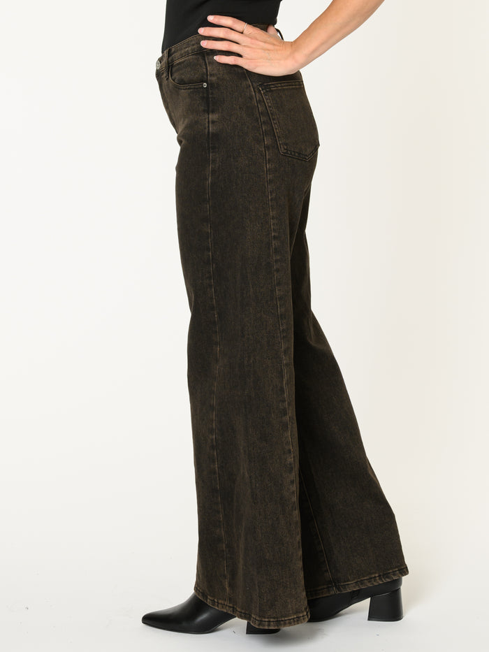 Jeans brun pour femme délavé palazzo à taille haute