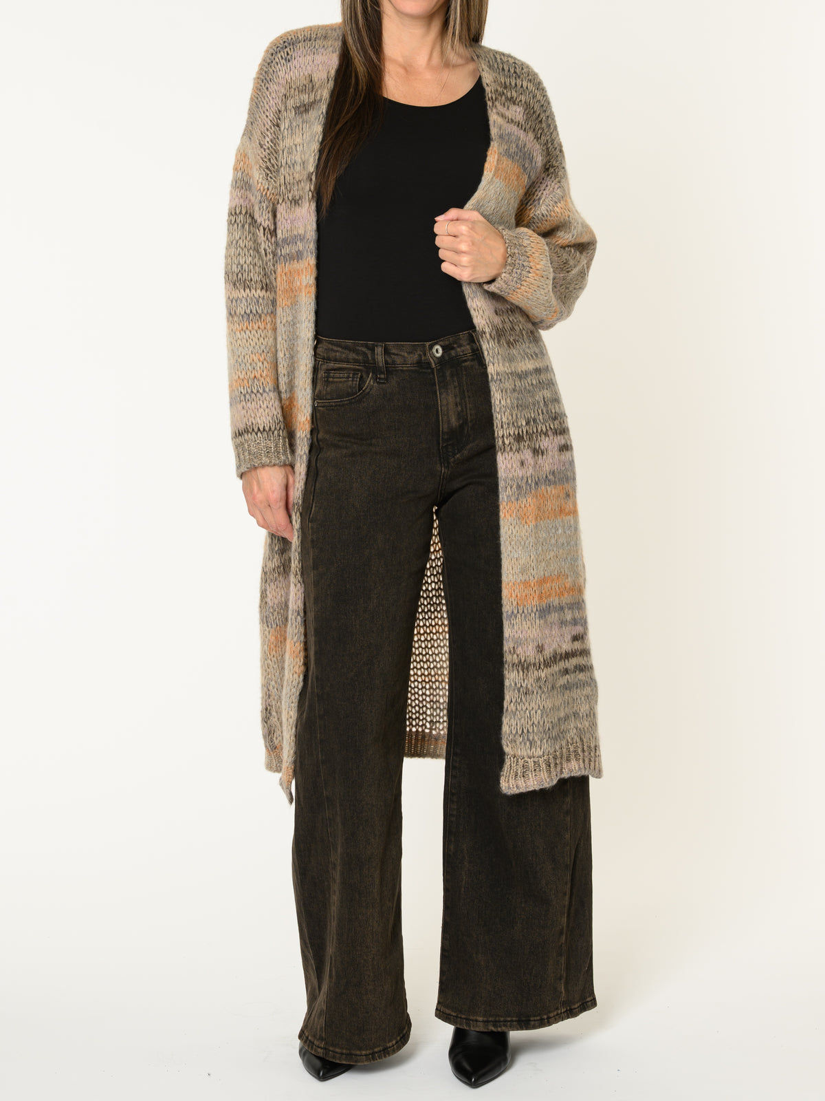 Cardigan long pour femme multicolore pastel en tricot