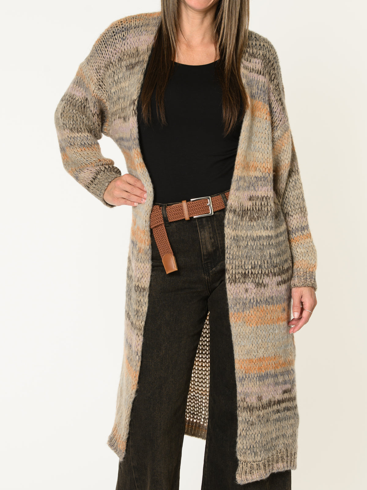 Cardigan long pour femme multicolore pastel en tricot