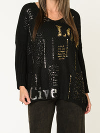 Chandail noir pour femme en maille Love avec paillettes