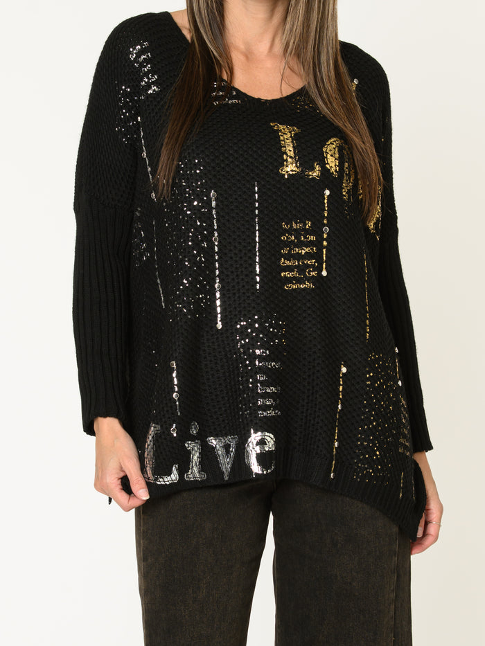 Chandail noir pour femme en maille Love avec paillettes