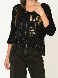 Chandail noir pour femme en maille Love avec paillettes