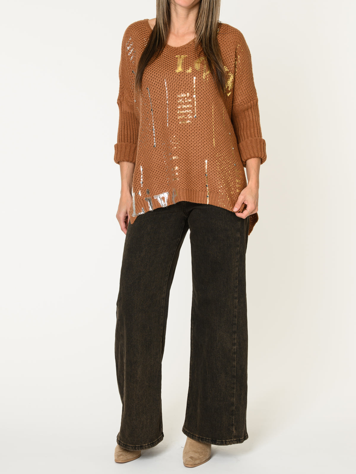 Chandail camel pour femme en maille Love avec paillettes
