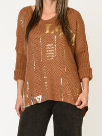Chandail camel pour femme en maille Love avec paillettes