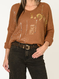 Chandail camel pour femme en maille Love avec paillettes