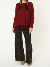 Chandail bourgogne pour femme en tricot avec franges au bas