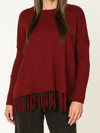 Chandail bourgogne pour femme en tricot avec franges au bas