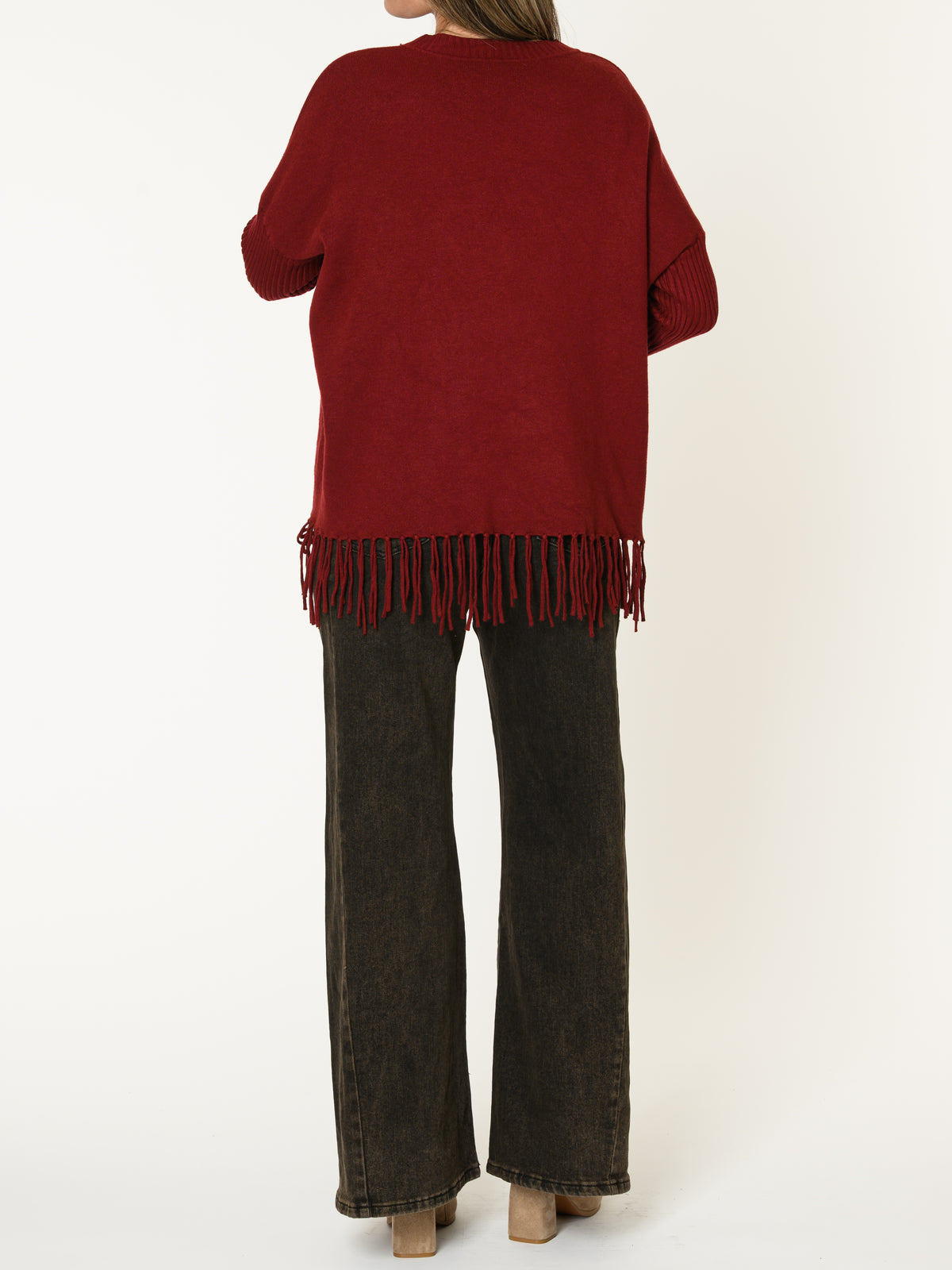 Chandail bourgogne pour femme en tricot avec franges au bas
