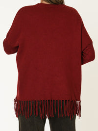 Chandail bourgogne pour femme en tricot avec franges au bas