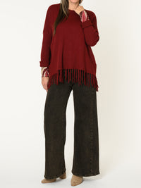 Chandail bourgogne pour femme en tricot avec franges au bas