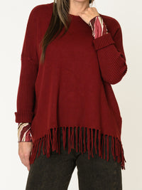 Chandail bourgogne pour femme en tricot avec franges au bas