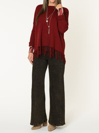 Chandail bourgogne pour femme en tricot avec franges au bas