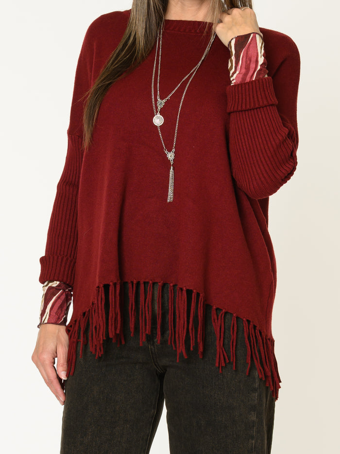 Chandail bourgogne pour femme en tricot avec franges au bas
