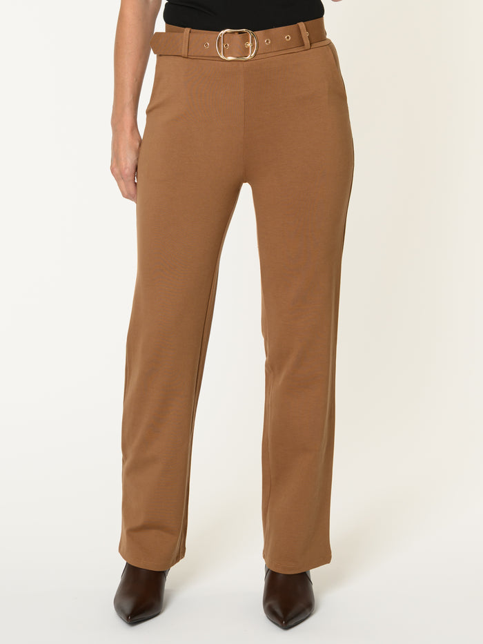 Pantalon camel pour femme à jambe droite avec ceinture