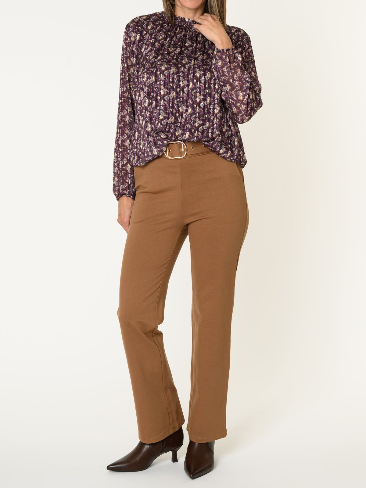 Blouse aubergine pour femme fleurie à manche longue