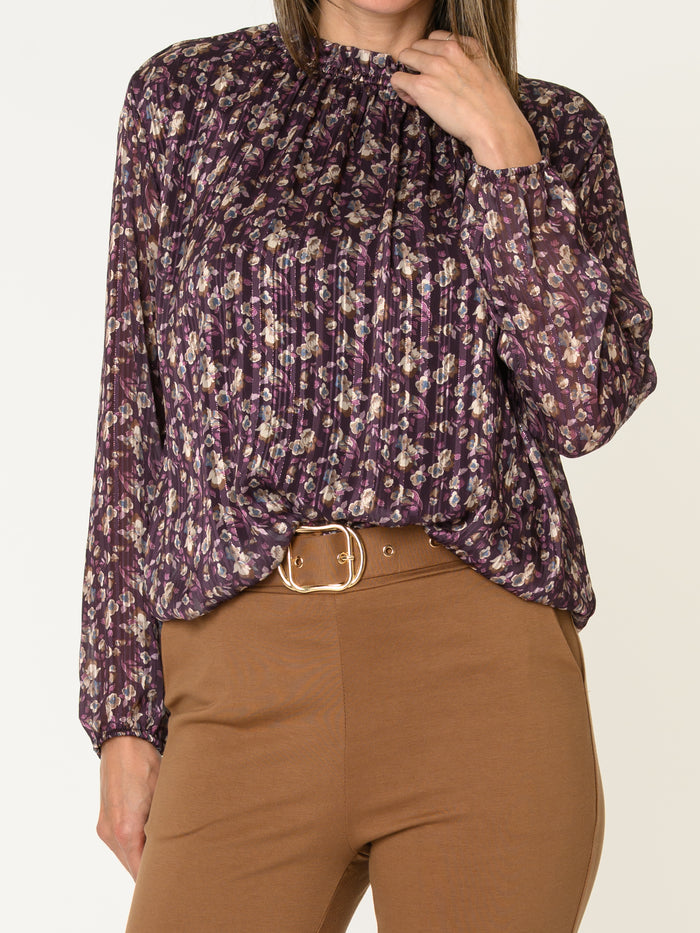 Blouse aubergine pour femme fleurie à manche longue