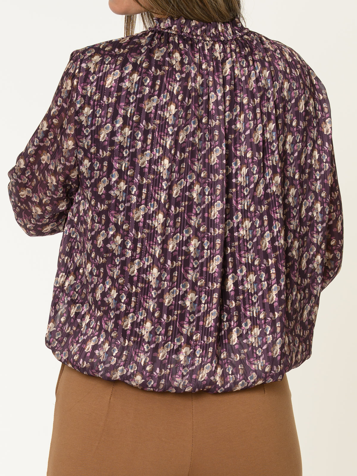 Blouse aubergine pour femme fleurie à manche longue